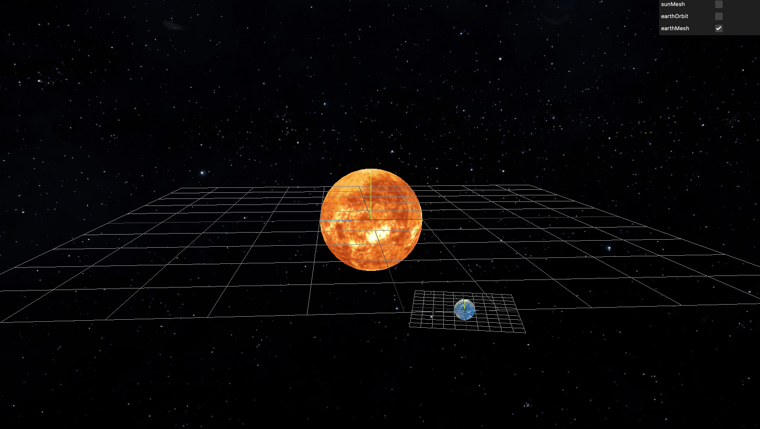 Three.js solar system scene with the Sun and Earth